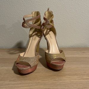 Rose Gold Glitter Peep Toe 5” Nine West Heels